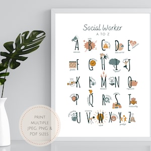Stampa dell'alfabeto dell'assistente sociale - Segno dell'assistente sociale - Regalo dell'assistente sociale - Decorazione dell'ufficio dell'assistente sociale - Apprezzamento dell'assistente sociale