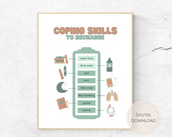 Coping Skills Recharge Poster, Mental Health Wall Art (Digital Download)