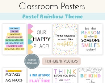 Paquete de carteles para el aula / Arco iris pastel / Decoración del aula