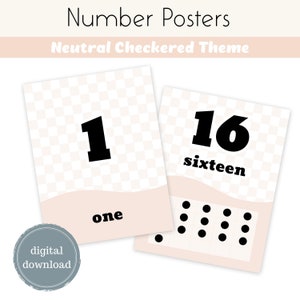 May include: Two printable number posters with a neutral checkered background. The first poster shows the number 1, the word "one", and one black dot. The second poster shows the number 16, the word "sixteen", and sixteen black dots.