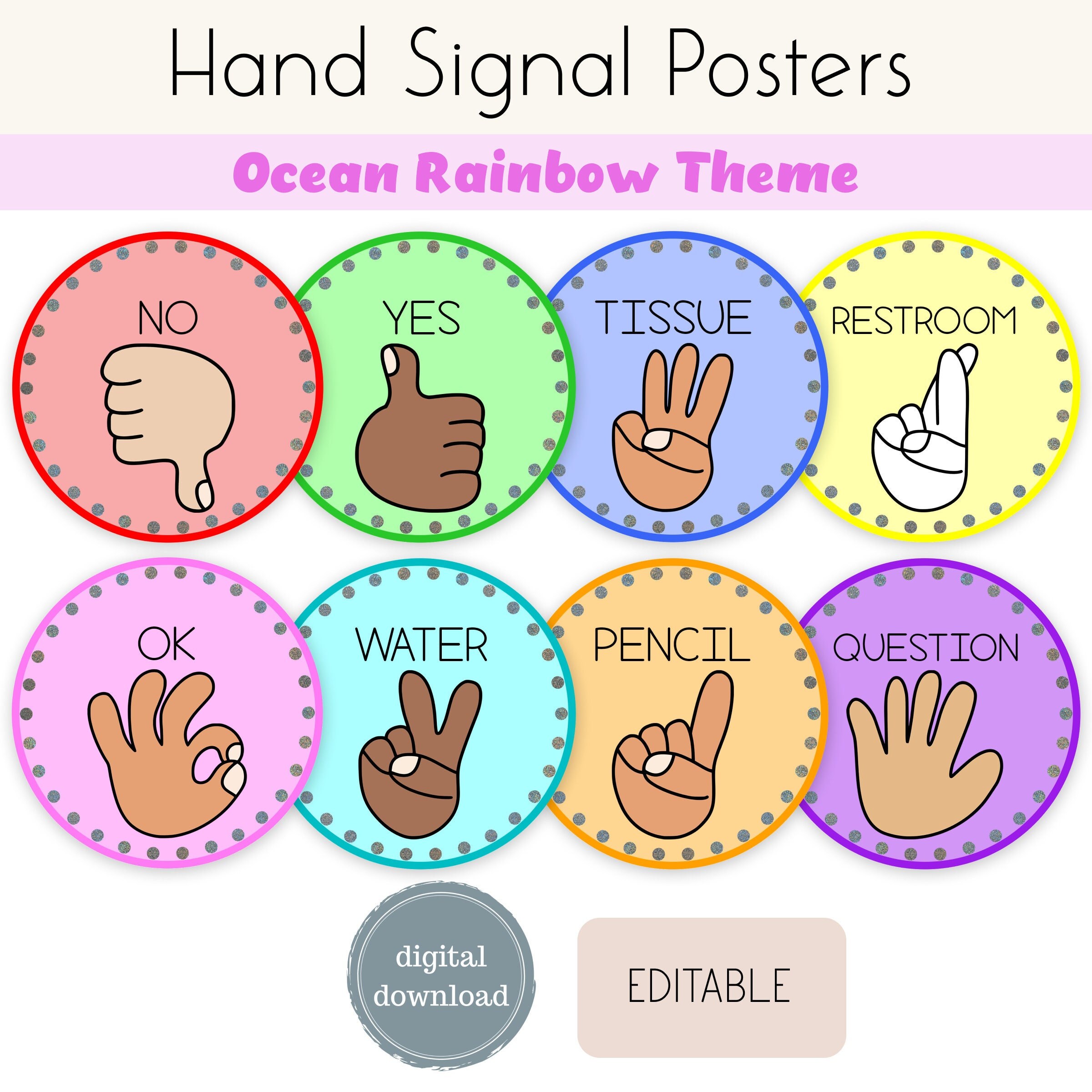 Multicultural Hand Signal Posters Ocean Rainbow Classroom Management -   Canada