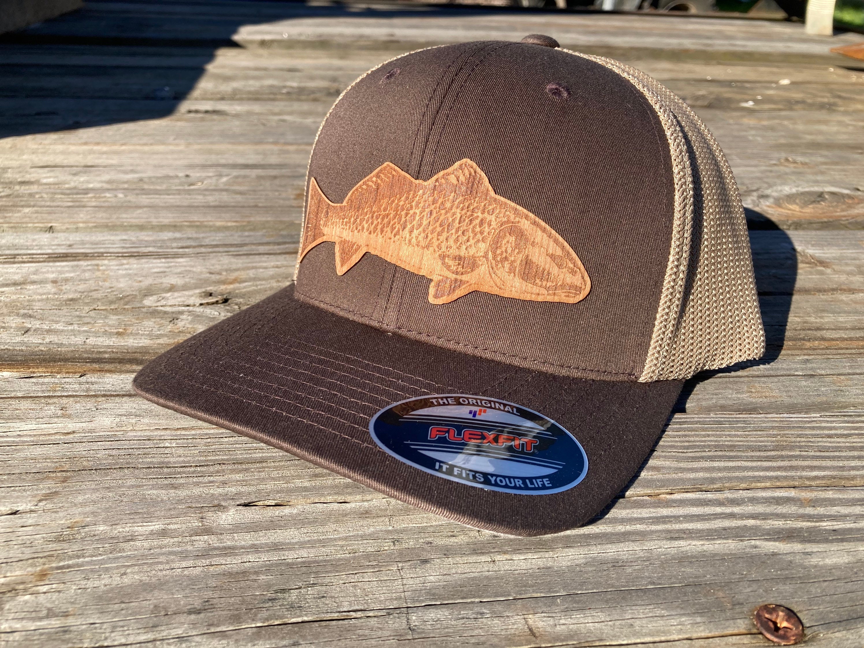 Redfish Wood Badge Flexfit Hat Brown 