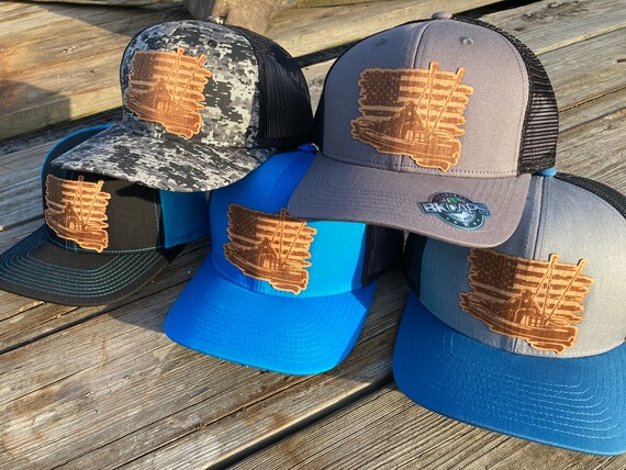 Kayak Fishing Flag Wood Badge Hat 