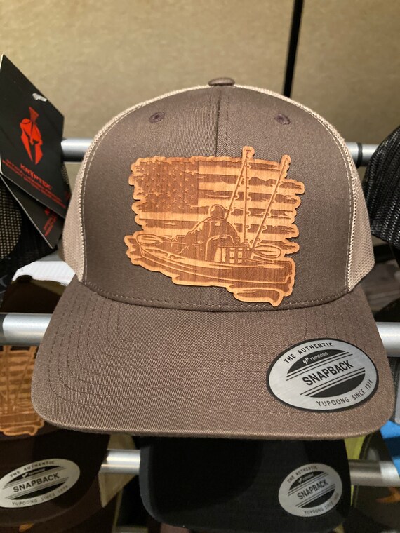 Kayak Fishing Flag Wood Badge Hat 