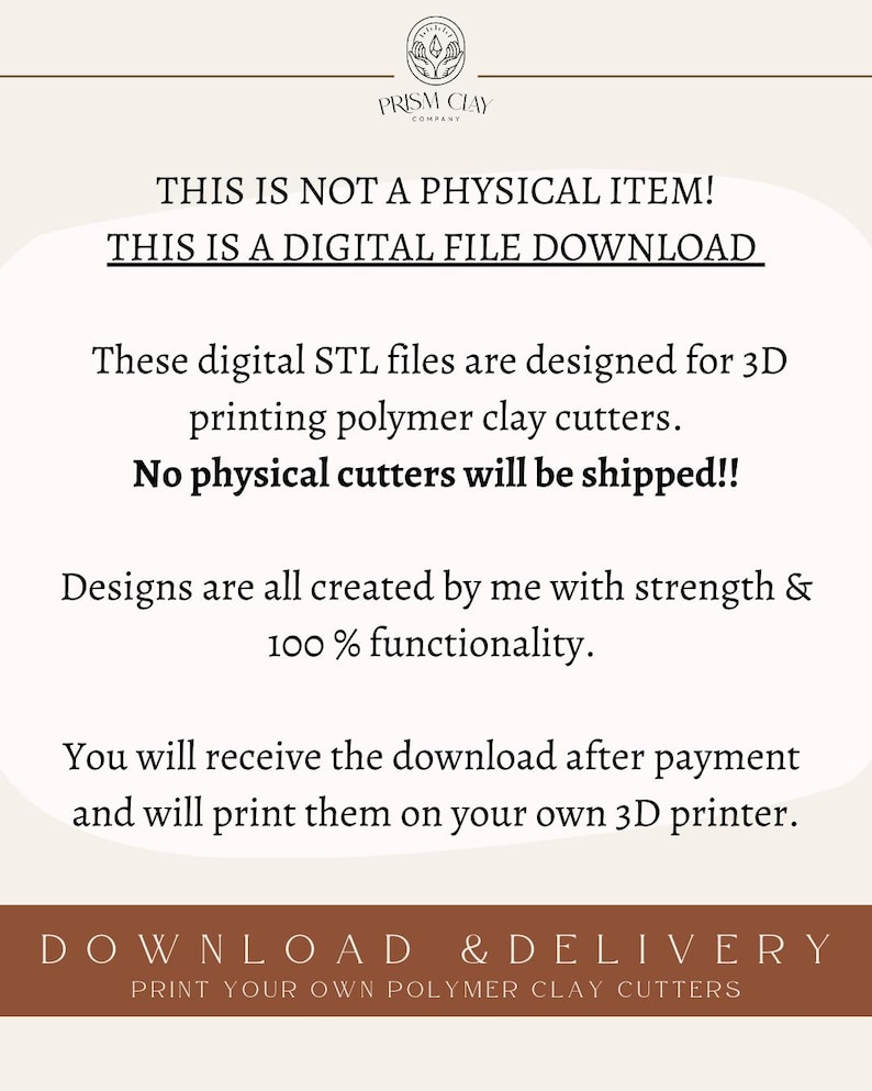 Op de afbeelding: Digitale STL-bestanden voor 3D-printen van polymeerklei-uitsteekvormen. De tekst op de afbeelding luidt: "DIT IS GEEN FYSIEK ARTIKEL! DIT IS EEN DIGITALE BESTANDSDOWNLOAD." Ontwerpen zijn gemaakt met sterkte en 100% functionaliteit.
