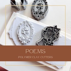 May include: Three grey polymer clay cutters featuring Edgar Allan Poe designs. One cutter shows a portrait in an ornate oval frame, another shows a profile with a cat, and the third is a detailed oval cameo. The text POE.MS POLYMER CLAY CUTTERS is visible.