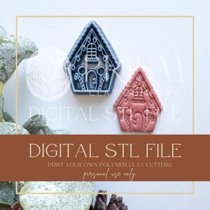 May include: Two polymer clay cutters in the shape of gingerbread houses. One is blue, the other is pink. The image includes the text "DIGITAL STL FILE" and "PRINT YOUR OWN POLYMER CLAY CUTTERS personal use only."