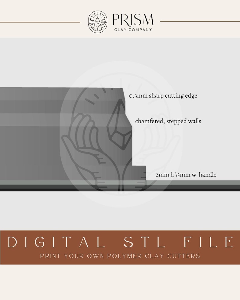 Op de afbeelding: Een digitale STL-bestand voor polymeerklei-snijders. Het ontwerp heeft een scherpe snijkant van 0,3 mm, afgeschuinde, getrapte wanden en een handvat van 2 mm hoog x 3 mm breed. Het logo van Prism Clay Company staat bovenaan.
