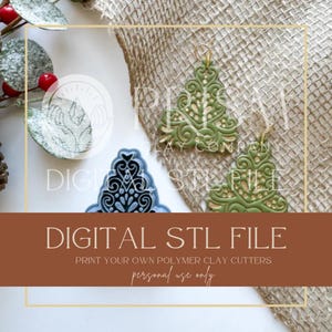 May include: The image showcases a digital STL file for polymer clay cutters. The design includes a Christmas tree-shaped earring and a decorative mold. The text "DIGITAL STL FILE" is prominently displayed, along with "personal use only".