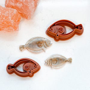May include: Two brown fish-shaped cookie cutters and two fish-shaped molds with a metallic finish are displayed. The cookie cutters are made of a dark brown plastic. Several pieces of pink Himalayan salt are in the background.
