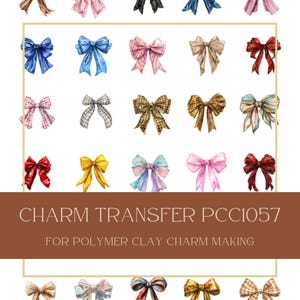 Puede incluir: Una colección de diseños de lazos en acuarela en varios colores, incluyendo azul, rosa y dorado. La imagen incluye el texto "CHARM TRANSFER PCCIO57" y "FOR POLYMER CLAY CHARM MAKING". Estos lazos son para hacer abalorios de arcilla polimérica.