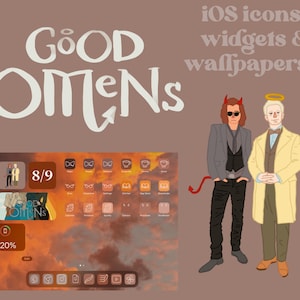 Puede incluir: Una ilustración digital de dos personajes del programa "Good Omens" sobre un fondo de pantalla de iPhone con un cielo de puesta de sol. Los personajes son un demonio con cuernos rojos y un ángel con halo. La pantalla de inicio tiene una variedad de iconos de aplicaciones y widgets, incluido un widget de batería que indica "20%".