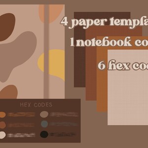 May include: Four printable paper templates and one notebook cover in a brown, beige, and yellow color scheme. The image also includes a color palette with six hex codes.