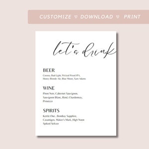 Szablon baru weselnego, menu baru, menu drinków firmowych, niestandardowe menu baru, menu baru do druku, nowoczesny minimalistyczny szablon menu baru