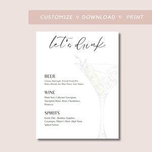 Szablon znaku na bar weselny, menu koktajlowe baru, menu martini, niestandardowe menu baru, menu baru do druku, nowoczesny minimalistyczny szablon znaku martini