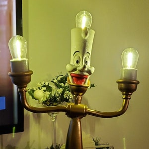 Lumiere Candlestick Desk Lamp, Lumiere the Candlestick Night Table Lamp.  Custom, Hand Painted Table Lamp with Edison Style LED Light Bulbs
