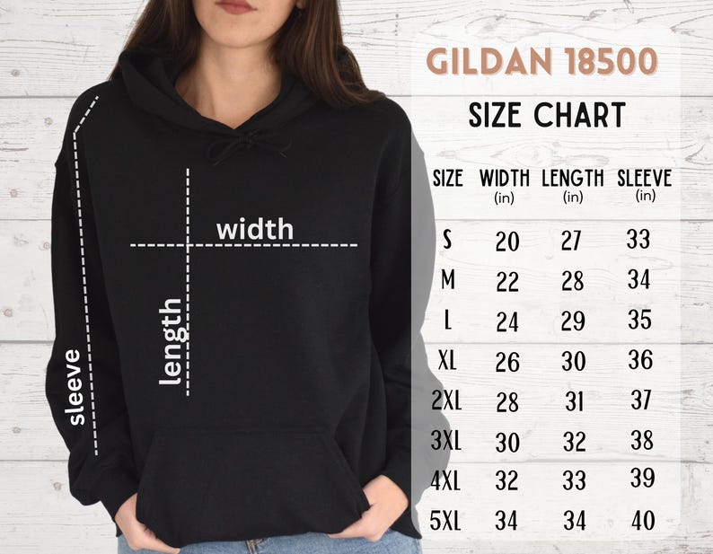 Puede incluir: Tabla de tallas para sudaderas con capucha Gildan 18500, que muestra las medidas en pulgadas para el ancho, la longitud y la longitud de la manga para las tallas S a 5XL.