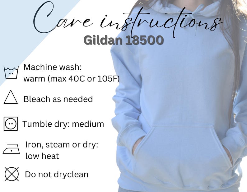 Puede incluir: Instrucciones de cuidado para una prenda Gildan 18500. Lavar a m&aacute;quina con agua tibia (m&aacute;x. 40 &deg;C o 105 &deg;F), blanquear si es necesario, secar en secadora a temperatura media, planchar a baja temperatura, no limpiar en seco.