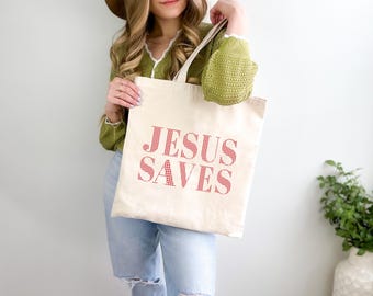 Jesus Saves Tote Bag Bible Verse Christian Tote Bag Church Bag Christian Gift Catholic Gift for Her Faith Based Gifts Book Bag Bible Bag