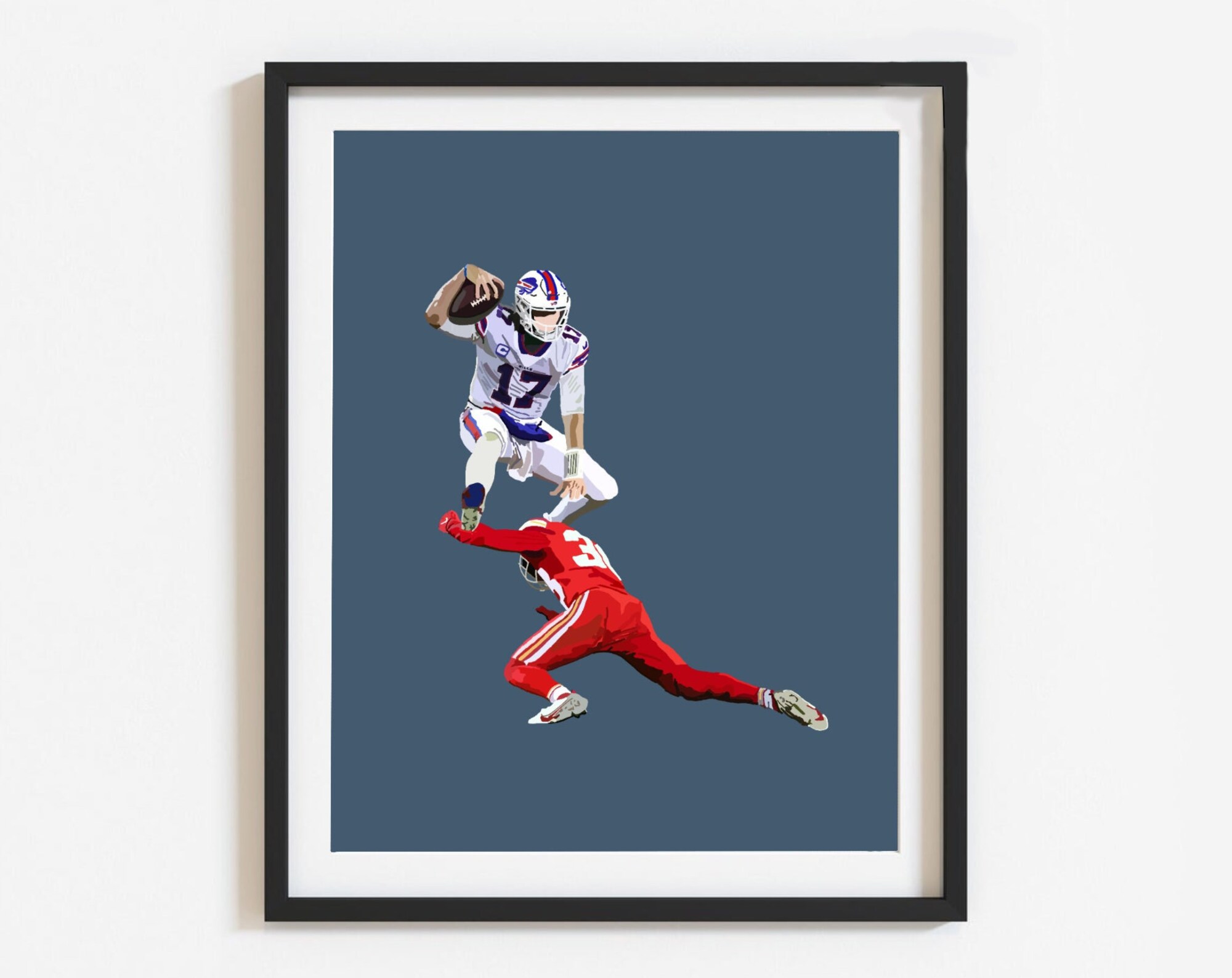 Discover Josh Allen Poster, Josh Allen Hurdles Defender, Modern Football poster, Buffalo Bills Poster, Buffalo Bills Football, buffalo bills decor