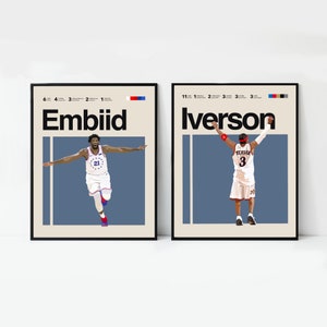 Embiid and Iverson Poster, Philadelphia 76ers Art 11x14 Minimalist, Mid-Century Modern, NBA fans, Sports Office Wall art, sports Bedroom