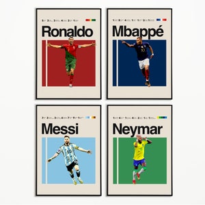 Messi Ronaldo Mbappé Neymar Poster, World Cup Art, soccer poster Minimalist, Helvetica, Mid-Century Modern, Office Wall Art, Bedroom art