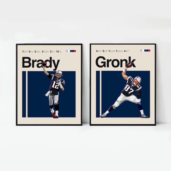 Tom Brady and Rob Gronkowski Poster, New England Patriots Bundle, Helvetica, Mid-Century Modern, NFL Poster, Office Art, Bedroom art