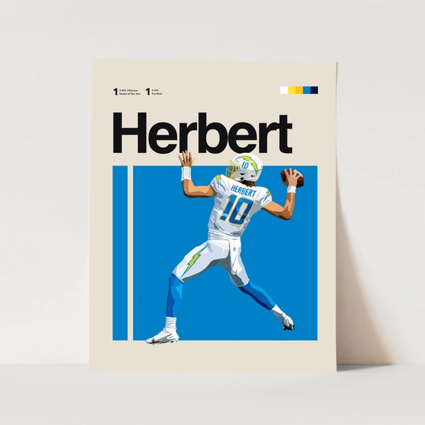 Justin Herbert Poster, San Diego Chargers Art Print 11x14 Minimalist, Helvetica, MidCentury Modern, NFL Poster, Office Wall Art, Bedroom art