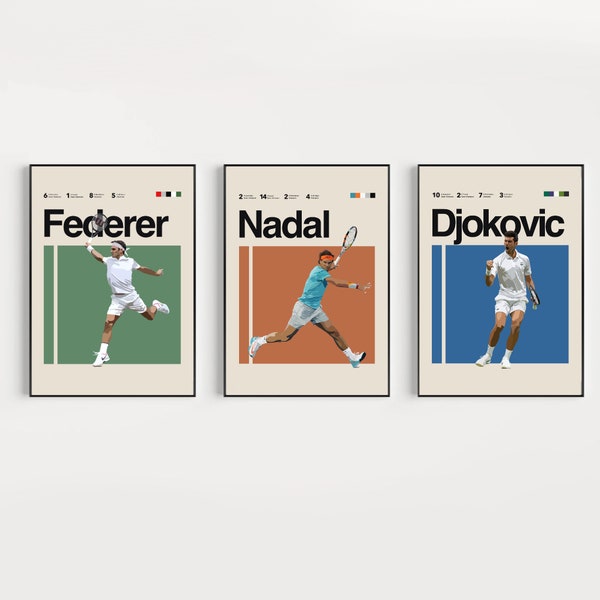Federer Nadal Djokovic Poster Bundle 16 x 20 minimaliste, Helvetica, Mid-Century Modern, fans de tennis, art mural bureau de sport, chambre à coucher sport