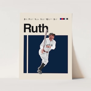 Babe Ruth Baseball Poster, New York Yankees Art  11x14 Minimalist, Helvetica, Mid-Century Modern, MLB Poster, Office Wall Art, Bedroom art,