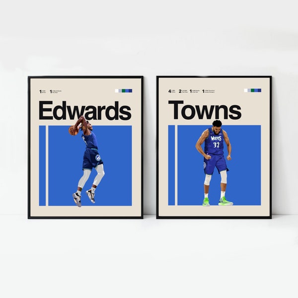 Anthony Edwards and KAT Minnesota Timberwolves BUNDLE 11x14 Minimalist, Helvetica, MidCentury Modern, NBA Poster, Office Art,Bedroom art