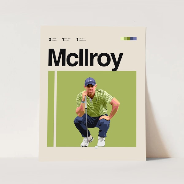 Affiche Rory McIlroy, art minimaliste 11 x 14, moderne Helvetica Mid-Century, amateurs de golf, art mural bureau de sport, chambre sportive