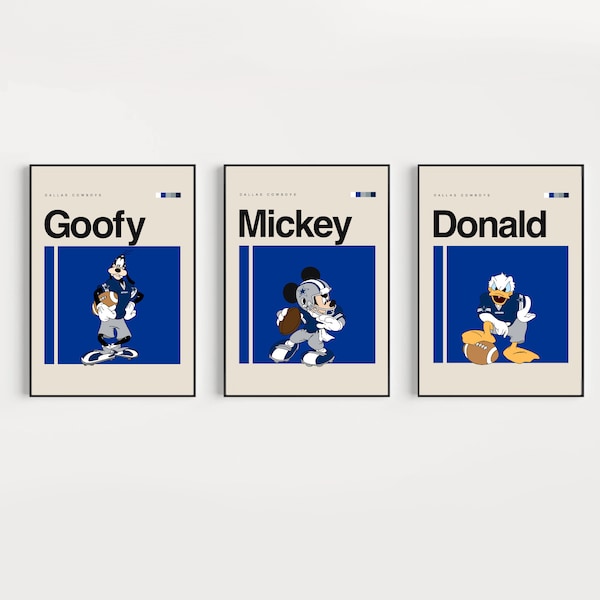 Mickey Donald and Goofy Poster, Dallas Cowboys Art 16x20 Minimalist, Helvetica, Modern, Celtics fan, NFL Bedroom football art, kids poster