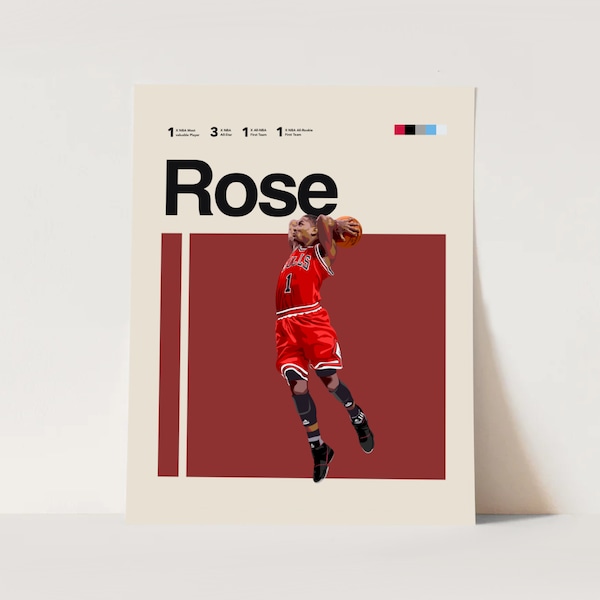 Cartel de Derrick Rose, Impresión de arte de los Chicago Bulls 11x14 Minimalista, Helvética, Moderno de mediados de siglo, Cartel de la NBA, Arte de la pared de la oficina, Arte del dormitorio