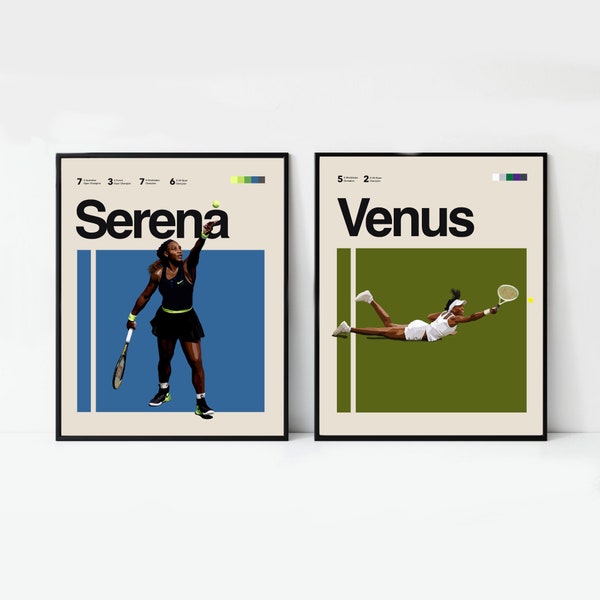 Serena and Venus Williams Poster Art 16x20 Minimalist, Helvetica, Mid-Century Modern, Tennis fans, Sports Office Wall art, Tennis Bedroom