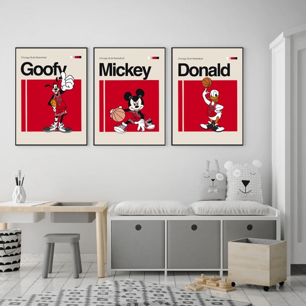 Mickey Donald and Goofy Poster, Chicago Bulls Print 11x14 Minimalist, Helvetica, Mid-Century Modern, Bulls fan, NBA Bedroom basketball art