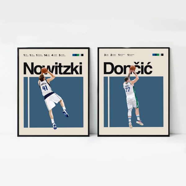 Luka Doncic and Dirk Nowitzki poster, Dallas Mavericks Art 11x14 Minimalist, Helvetica, Mid-Century Modern, Office Wall Poster, Bedroom art