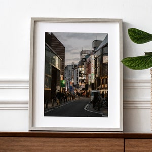 May include: A framed photograph of a street in Japan at dusk. The street is lined with buildings and shops, and there are people walking on the sidewalk. The buildings are lit up with neon signs, and the sky is a soft blue.