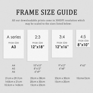 May include: A chart showing different printable art sizes in inches and centimeters. The chart includes A series, 2:3, 3:4, and 4:5 aspect ratios. The maximum size for each aspect ratio is listed, along with the corresponding dimensions in inches and centimeters.