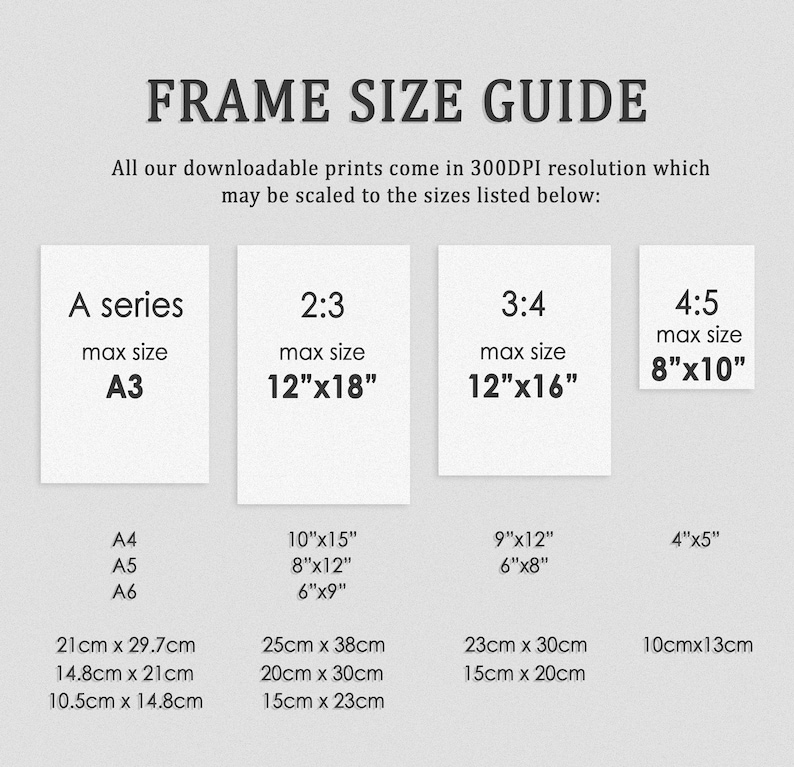 May include: A chart showing different printable art sizes in inches and centimeters. The chart includes A series, 2:3, 3:4, and 4:5 aspect ratios. The maximum size for each aspect ratio is listed, along with the corresponding dimensions in inches and centimeters.