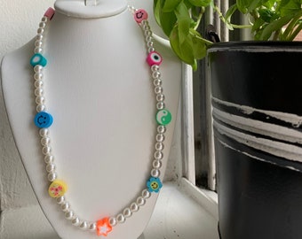 Pearl Beaded Necklace, Rainbow Beaded Necklace, Boho Bead Choker, Trendy Bead Necklace