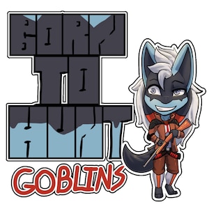 May include: A cartoon wolf character with blue and gray fur, wearing a brown jacket and holding a rifle. The text "Hunt To Hunt Goblins" is written in black and white blocks above the character.