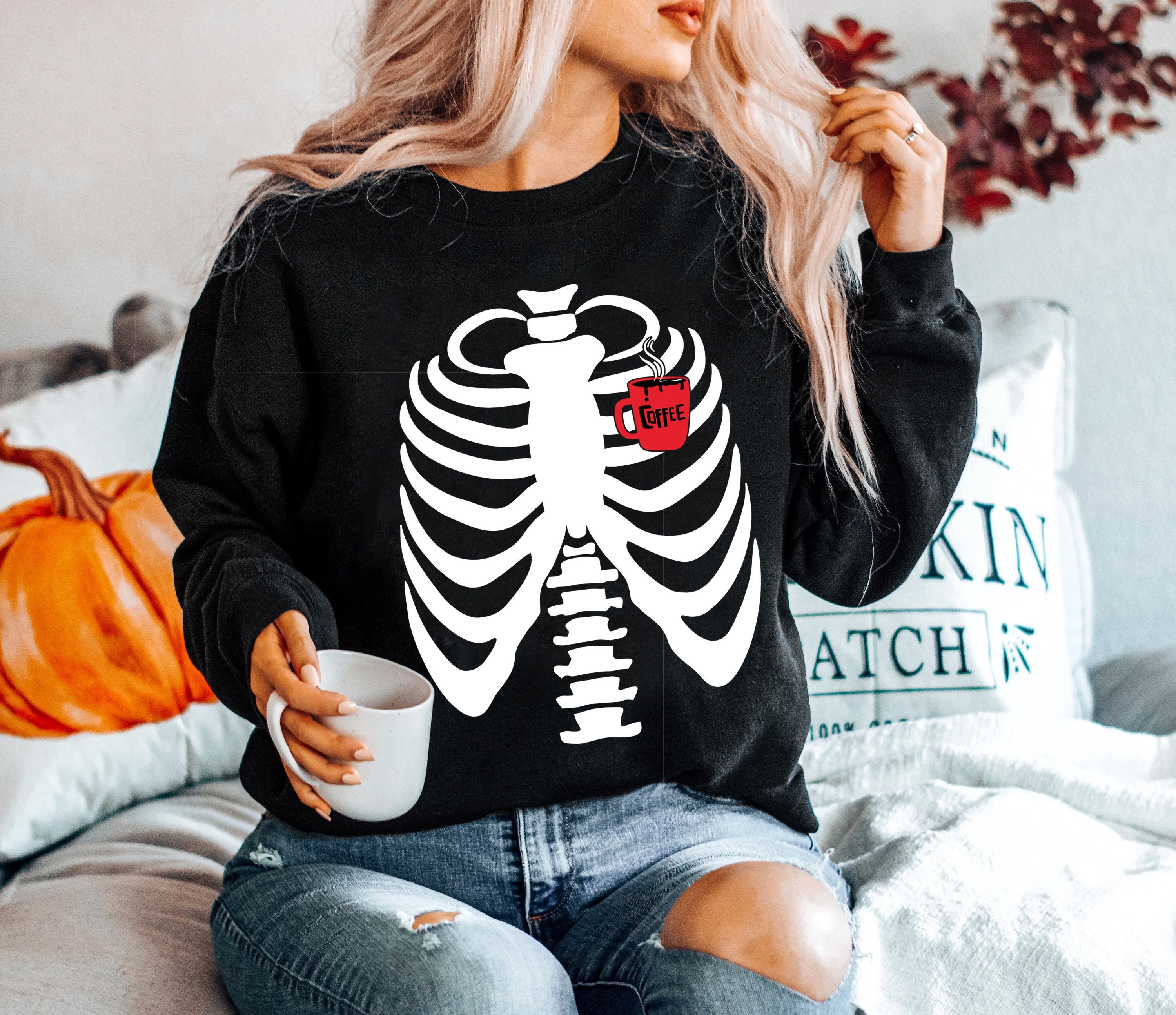 Discover Halloween Skeleton Sweatshirt, Skeleton Coffee Sweatshirt, Halloween Sweatshirt, Fall Coffee Sweatshirt, Skeleton Costume, Xray Sweatshirt