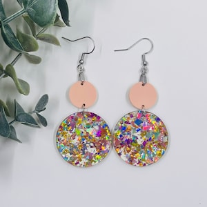 Handmade Acrylic Earrings: Sparkling Chunky Glitter meets Matte Peach | Trendy Earrings | Glitter Fashionable Dangles | Jewelry Gift