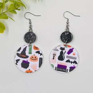 Handmade Acrylic Earrings: Halloween Print and Black Glitter | Trendy Earrings | Glitter Fashionable Dangles | Jewelry Gift | Pumpkin Fall