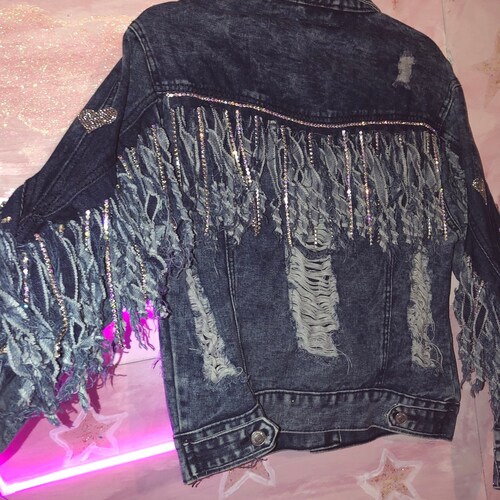 White Denim Jacket With Rhinestone Fringe Etsy