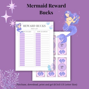 Kids Reward Bucks Mermaid Printable | Belohnungssystem | Hausarbeit Bucks | Kinderarbeitstabelle | Freibetrag | Kids Reward Coupons | Job Belohnung Chart