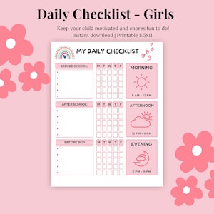 Kids Daily School Checklist | Printable Daily Routine | Daily Checklist | Daily Routine Responsibility Chart | Kids Routine Checklist