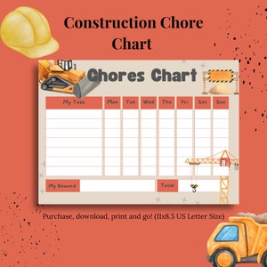 Construction Kids Chore Chart Printable | Kids Chore List | Toddler Chore Chart | Daily Checklist Kids | Kids Reward Chart | Reward Chart