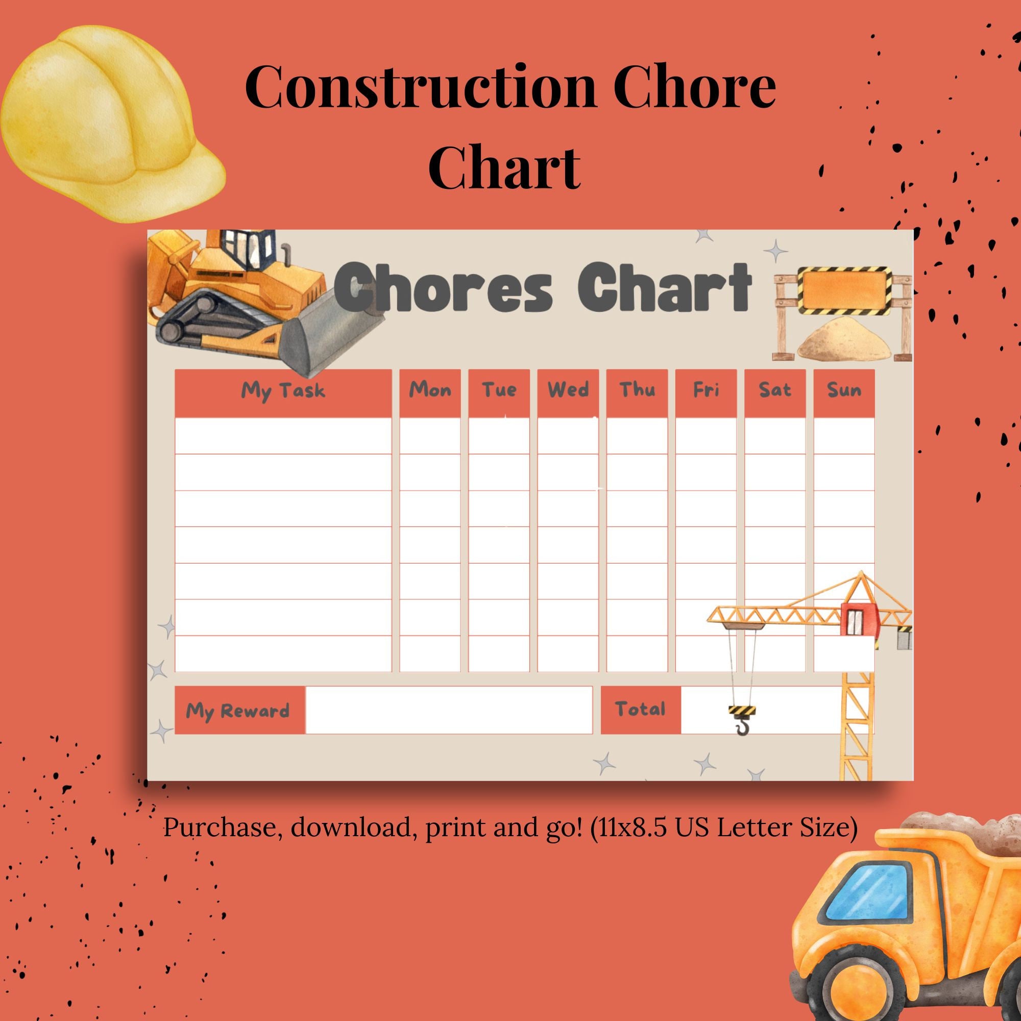 Construction Kids Chore Chart Printable | Kids Chore List | Toddler ...